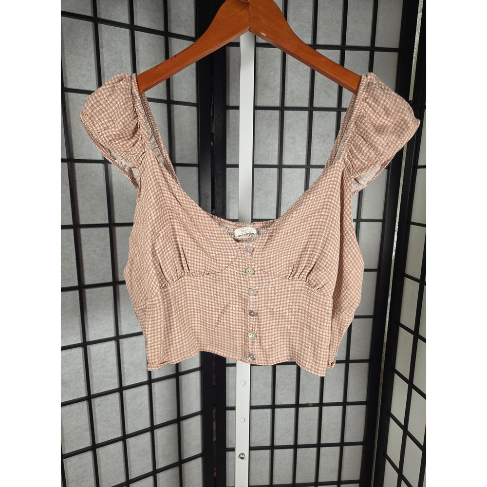 Full‎ Tilt Tan Checkered Ruffle Cap Sleeve Smocked Back Crop Top Sweetheart Neck